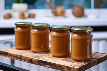 jars of homemade caramel are on a wooden stand on a glass table
