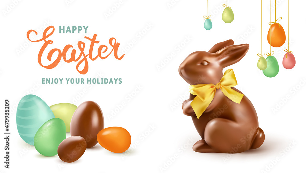 Canvas Prints happy easter holiday. chocolate easter rabbit on beige background. realistic vector illustration. ea