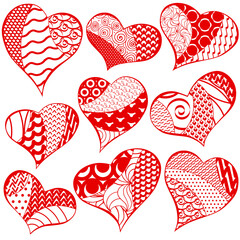 Zen art hearts doodle collection isolated on white background. Valentine's day pretty red template. Modern set of fill-in heart shapes with assorted patterns. Patchwork hearts clip art pack.
