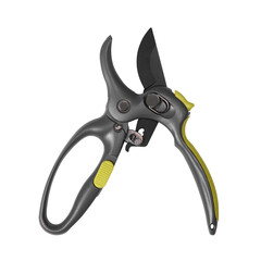 New garden secateurs isolated on white background, copy space. Top view, flat lat