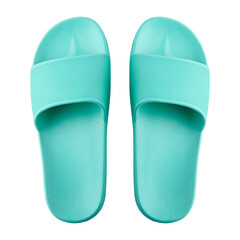 Rubber turquoise female beach slippers isolated on white background, copy space. Top view, flat lay