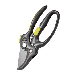 New garden secateurs isolated on white background, copy space. Top view, flat lat