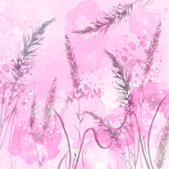 Watercolor bouquet of flowers,spikelet, grass, wheat.  abstract splash of paint, fashion illustration. Peony, rose  flowers, poppy, pansies, viola, field or garden flowers. Abstract floral background.