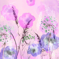 Watercolor bouquet of flowers,spikelet, grass, wheat.  abstract splash of paint, fashion illustration. Peony, rose  flowers, poppy, pansies, viola, field or garden flowers. Abstract floral background.