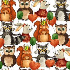 watercolor pattern forest animals with balloons