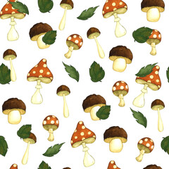 Fototapeta na wymiar watercolor pattern with forest mushrooms