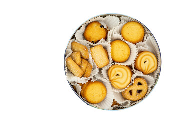 Candy Box with Danish Butter Cookies isolated white background, top view