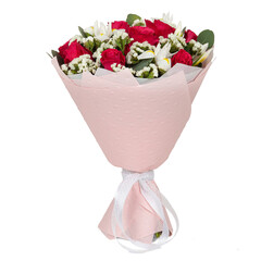 Bouquet of red and white flowers wrapped in paper cone with ribbon for present isolated on white background