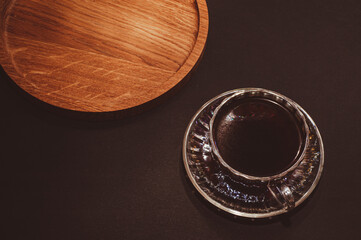 Top view of a cup of coffee, isolate on black background