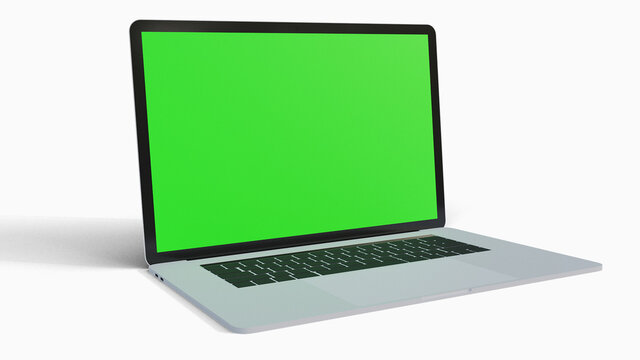 MacBook Pro: Green-screen display, a 3D rendered illustration image (rendered in blender 3d software). Laptop facing the right side of the image.