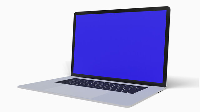 MacBook Pro: Blue-screen display, a 3D rendered illustration image (rendered in blender 3d software). Laptop facing the left side of the image. The object can be used for education, business, etc