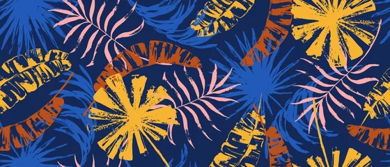 Schilderijen op glas Modern exotic seamless pattern. Tropical leaves. Palm foliage. Print for luxury fashion fabric, clothes, wallpaper. © olechkaart