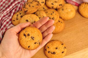 sweet crunchy cookies with dark chocolate for teatime