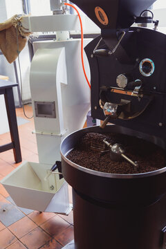 Industrial coffee bean roaster appliance.