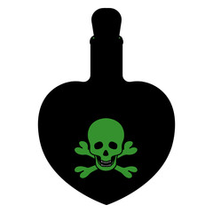 Poison bottle. Silhouette. Heart shaped vessel. Green emblem on a bottle of skull and bones. The bottle is closed with a stopper. Vector illustration. A miraculous drink. Witch potion in a flask. 