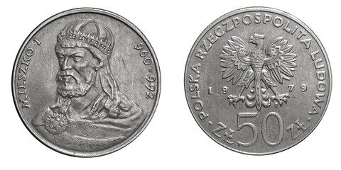 50 Polish zloty zł Mieszko I coin on a white isolated background