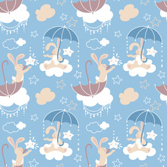 Bunny in the rain with an umbrella in his hands. Fantasy print in pastel colors for baby products. Seamless pattern. Vector.
