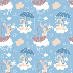 Fotobehang Uit de natuur Konijntje in de regen met een paraplu in zijn handen. Fantasieprint in pastelkleuren voor babyproducten. Naadloze patroon. Vector.