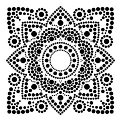 Dot art vector ethnic mandala in square, traditional indigenous Aboriginal dot painting design from Australia in black onwhite