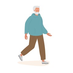 Smiling elderly Man. Walking Senior man with beard with gray hair wearing casual clothes. Mature Man. Healthy lifestyles in old age Colored flat cartoon vector illustration isolated