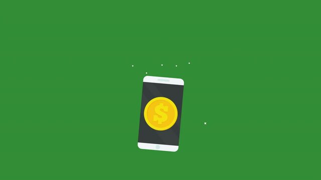 phone and dollar coin animation concept. Flies Up and Falls transition animation. Motion Graphics.