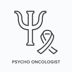 Psycho oncologist flat line icon. Vector outline illustration of psi and ribbon . Black thin linear pictogram for medical care
