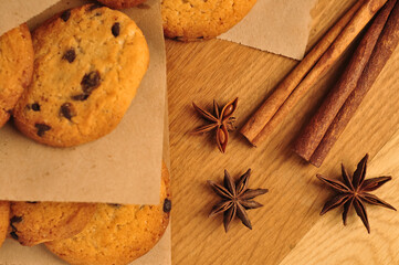 sweet crunchy cookies with dark chocolate for teatime