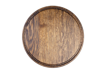 Round wooden cutting board with groove isolated on white