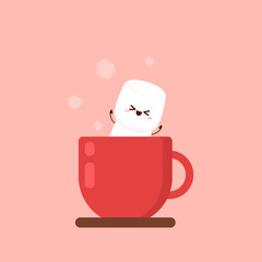 Funny Marshmallows characters  and cup of coffee. Marshmallows character design. Dessert cartoon.