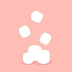 White marshmallows isolated on pink background. Pile of marshmallow.