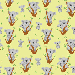 Seamless pattern with cartoon koala on the eucalyptus tree. Funny koala with baby koala. Pattern for fabric and kids clothes.