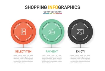 Concept of shopping process with 3 successive steps. Three colorful graphic elements. Timeline design for brochure, presentation, web site. Infographic design layout.