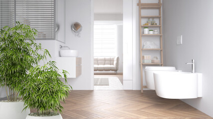Fototapeta na wymiar Zen interior with potted bamboo plant, natural interior design concept, minimalist bathroom, modern white contemporary architecture