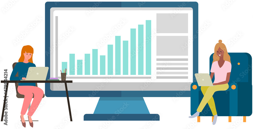 Poster visualize with business analytics. people work with statistical data analysis, changing indicators. 