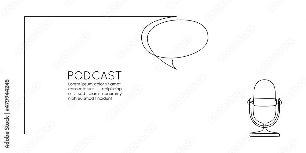 Poster continuous one line drawing of podcast microphone and chat bubble. vintage old mike in simple thin l