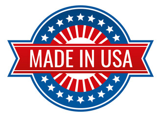 Made in usa label. Round quality tag with red ribbon