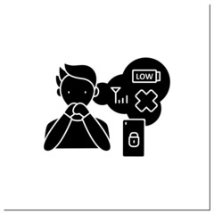 Worried glyph icon. Anxiety through cellular service absence.Low energy level. Stress. Smartphone addiction concept. Filled flat sign. Isolated silhouette vector illustration