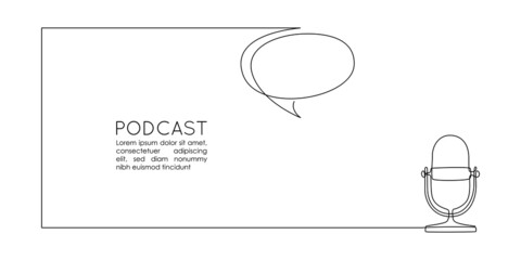 Continuous one line drawing of podcast microphone and chat bubble. Vintage old mike in simple thin linear style for banner music, webinar, online training. Editable stroke. Doodle Vector illustration
