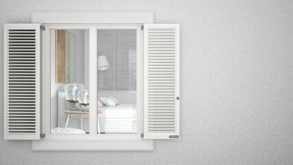Exterior plaster wall with white window with shutters, showing interior bedroom, blank background with copy space, architecture design concept idea, mockup template
