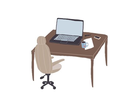 Vector flat cartoon chair and work desk with laptop and stuff on empty background-electronic equipment,office interior elements,workplace organization concept,web site banner ad design