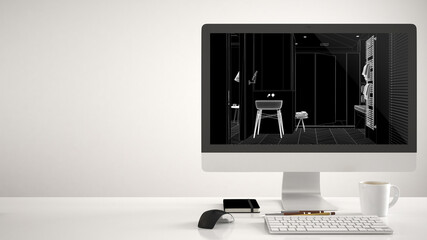 Architect house project concept, desktop computer on white background, work desk showing CAD sketch, modern bathroom with washbasin and mirror, interior design idea with copy space