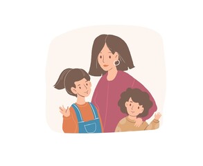 Vector cartoon flat happy family characters parent and kids.Mom,daughter and son smiling and waving hands-positive emotions,healthy family relationships social concept,web site banner ad design