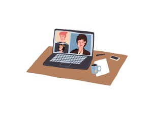 Fototapeta na wymiar Vector cartoon flat characters on laptop screen,they uses online video calls app-distance learning class and online business meeting,video conference apps using concept,web site ad banner design