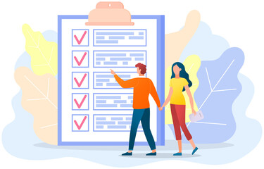 Month scheduling, to do list, time management concept. Man and woman stand near to do list and discuss schedule. Plan fulfilled, task completed, timetable sheet. People work with check list planning