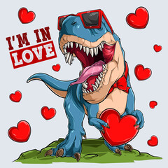 Lovely Valentine's day dinosaur t rex wearing sunglasses and holding a big red heart