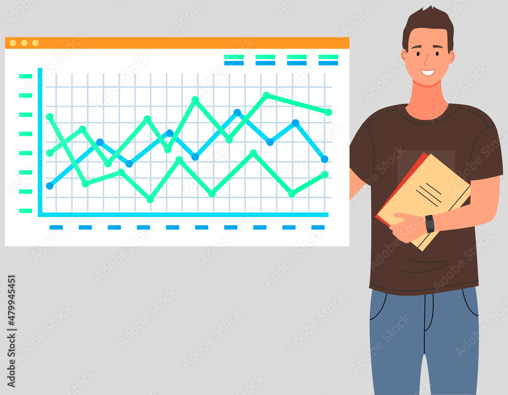 Poster businessman stands in front of screen with chart, statistics. office worker having creative idea for