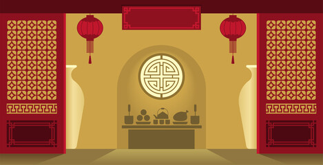 Illustration vector of traditional Chinese house , flower pattern vase,lantern, food on table,bamboo tree ,cutting door and window 