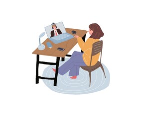 Vector cartoon flat woman character sits at laptop,uses online video calls app to talking with boss-distance learning and business meeting,video conference apps using concept,web site banner design
