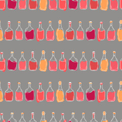 Fototapeta na wymiar Vector pattern with bottles of red and white wine on a grey background, Alcohol in a glass bottle, Illustration for packaging, cafes, bars, products.