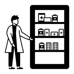 Pharmacist working in a drugstore Concept, pharmacy shelves Vector Icon Design, Medical and Healthcare Scene Symbol, Diseases Diagnostics Sign, Doctor and Patient Characters Stock Illustration
